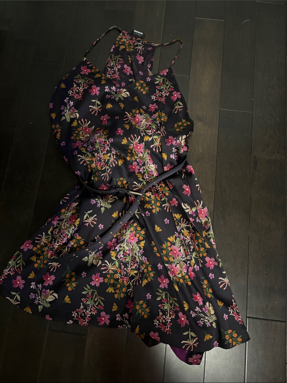 Marciano Black Floral Halter Dress with Pink & Green Accents